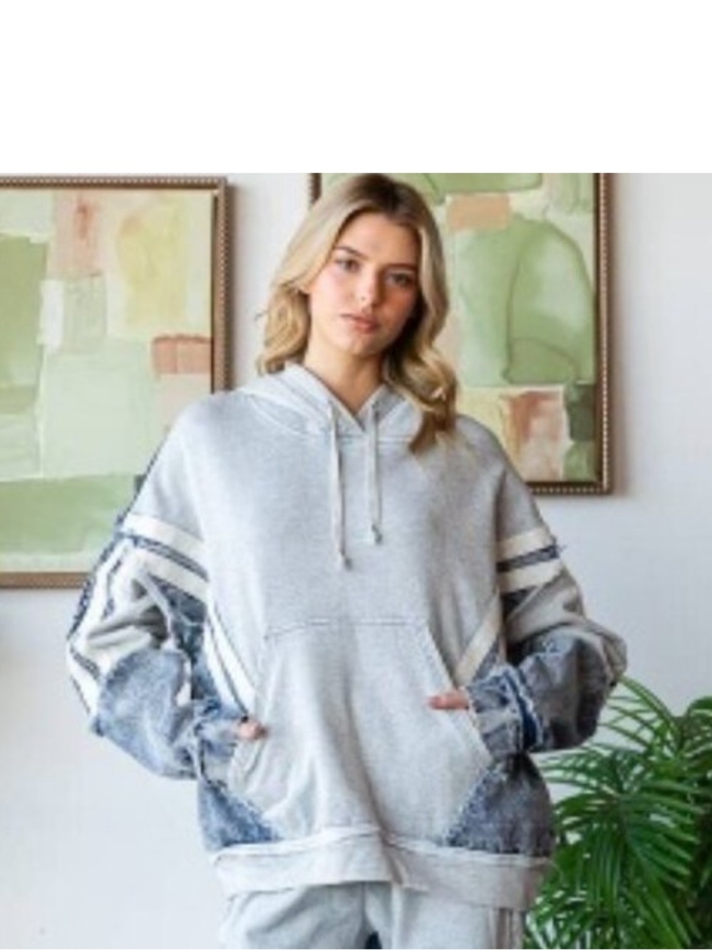 Oli & Hali Light Gray Washed Denim Patchwork Hoodie oversized Medium sweatshirt